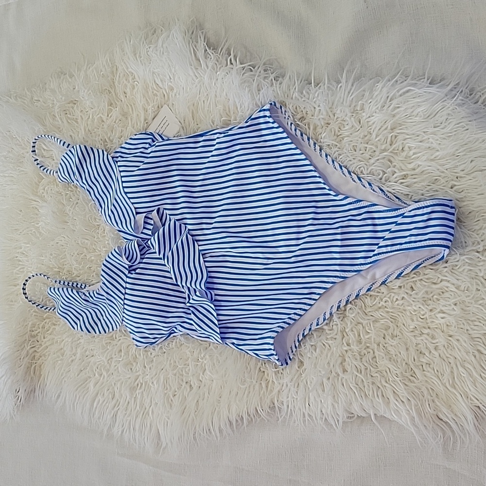 Neck Ruffle Swimsuits for Women Cute Striped Bathing Suits Wrap High Cut One Pie - Picture 5 of 9